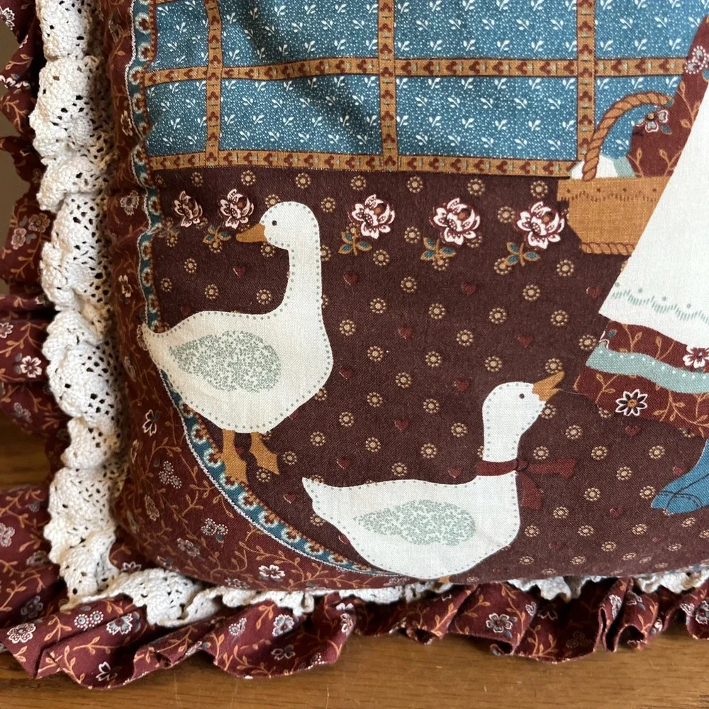 Vintage 1970's Old Country Style Pillow Goose Girl Floral Pattern Cottagecore